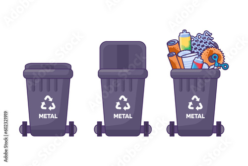Set of containers with lid for storing, recycling and sorting used household Metal iron waste. Closed empty and filled trash can with recycle sign. Simple cartoon outline vector isolated on white