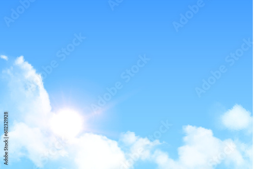 Fototapeta Naklejka Na Ścianę i Meble -  Blue sky with clouds and sun, realistic bright sunlight glow in cloudy atmosphere