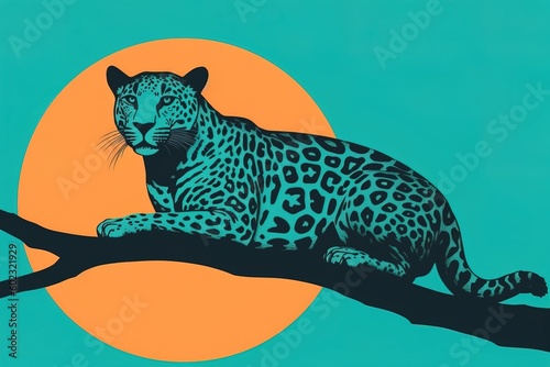 ndangered Amur leopard, resting on a tree branch, minimal illustration. photo