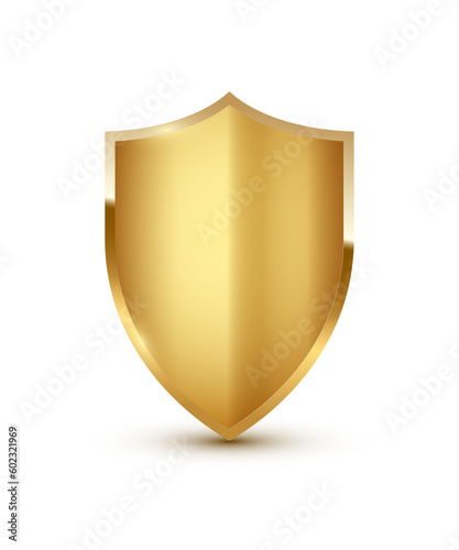 Gold shield vector illustration. Realistic isolated golden armory trophy with metal coat, 3d luxury safety protection emblem, vintage blank shiny royal award