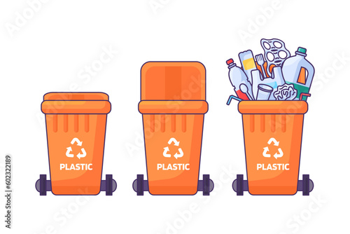 Collection of containers with lid for storing, recycling and sorting used household Plastic polyethylene waste. Closed empty and filled trash can with recycle sign. Simple cartoon outline vector