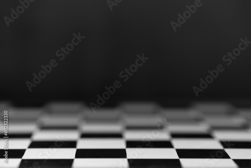 empty chess board with smoke float up on dark background