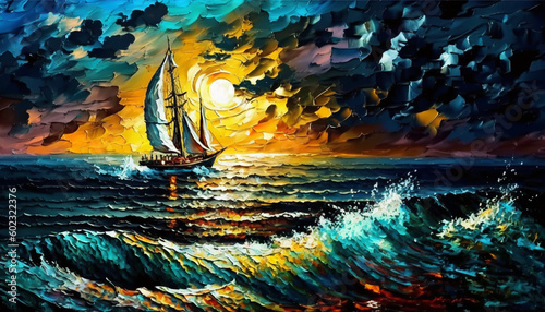 沈む夕日と海の油絵のイラスト