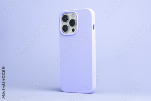 iPhone 14 Pro Max starlight in very peri purple case back side view isolated on purple background, monochrome colours phone case mock up