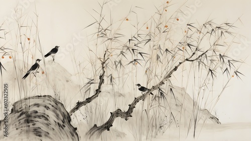 Wallpaper featuring a classic Chinese painting of bamboo and rocks in traditional ink and watercolor style. Generative AI. © CSS Studio