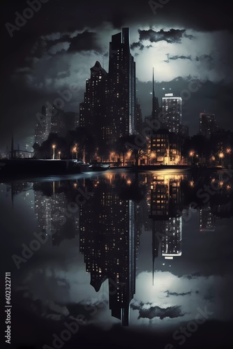 A dramatic cityscape at night with reflections
