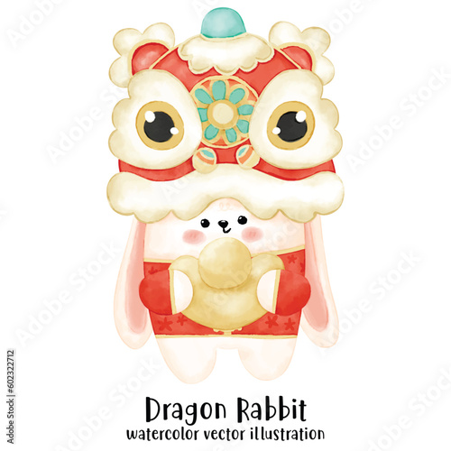 Chinese new year, new year, watercolor, dragon, rabbit, cute rabbit