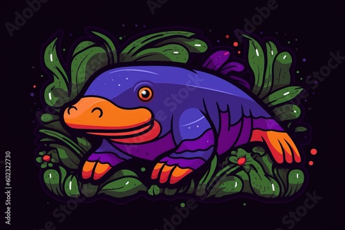 quirky and colorful platypus swimming in a stream simple minimal tech illustration.