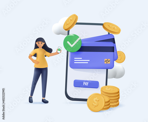 3D Online payment woman use smartphone for transaction and safe. Online payment mobile, internet money pay 3D vector