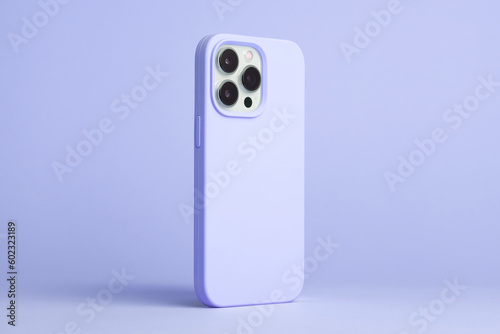 iPhone 14 Pro Max starlight in very peri purple case back side view isolated on purple background, monochrome colours phone case mock up