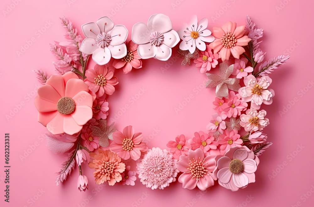pink flowers as a frame on the pink background, generative ai pink flowers as a frame on the pink background, generative ai
