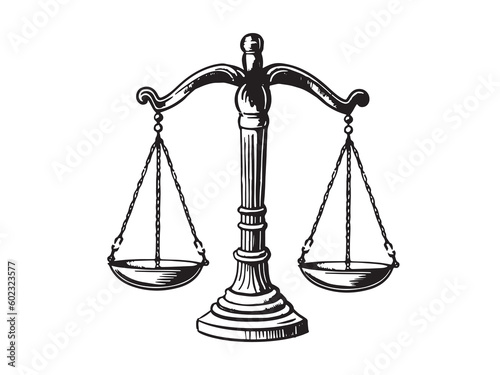 Scales for weighing, libra, justice, hand drawn. Vector hand drawn isolated on white background