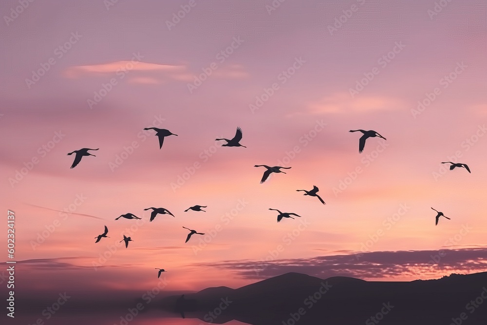 flock of migratory birds at sunset. simple minimal tech illustration. flock of migratory birds at sunset. simple minimal tech illustration.
