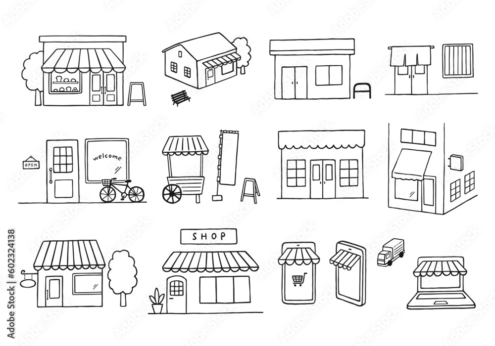 Fototapeta premium いろんなお店の手描きイラストセット（モノクロ）