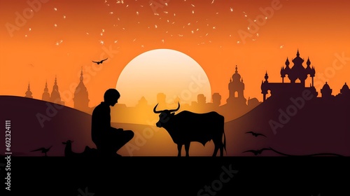 Sillhouette of Muslim man sacrifices cow in mosque during hajj with cow  Eid al-Adha illustration  Generative AI