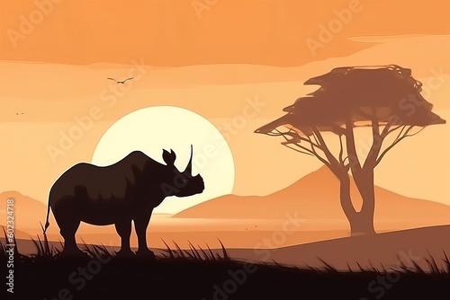 Rhino in african savanna, simple minimal tech illustration. © 22Imagesstudio