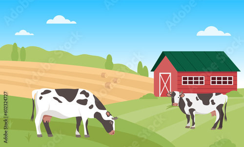 Summer rural landscape with cows. Farm in green field with blue sky. Dairy products farming concept. Vector illustration.