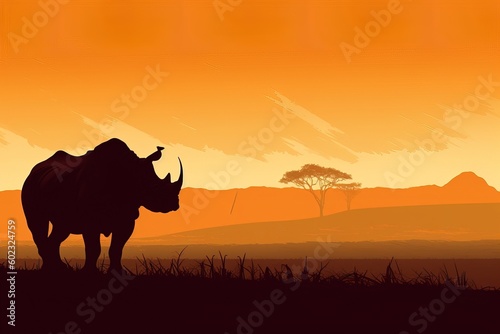 Rhino in african savanna, simple minimal tech illustration.
