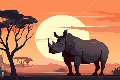 Rhino in african savanna  simple minimal tech illustration.