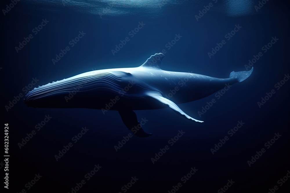 Fototapeta premium blue whale in deep sea. simple minimal tech illustration.
