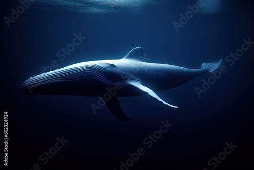 blue whale in deep sea. simple minimal tech illustration.