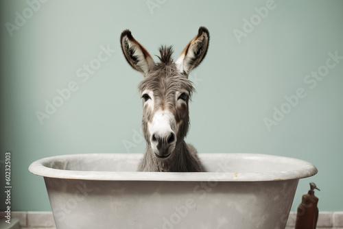 Fényképezés donkey sitting in bathtub, ai generated