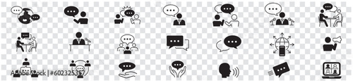 Speaking, communication, speech bubble, talking, consultation, conversation and discussion icon set.