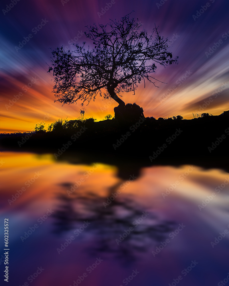 Albero al tramonto silhouette Sicilia Agrigento  - obrazy, fototapety, plakaty 