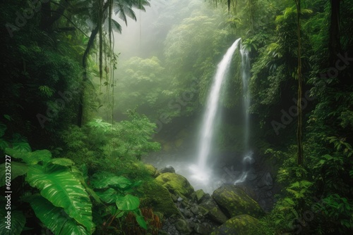 Misty Waterfall in Tropical Forest - AI Generated