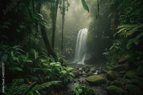 Misty Waterfall in Tropical Forest - AI Generated