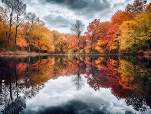 Autumn Trees Reflection on Pond - AI Generated