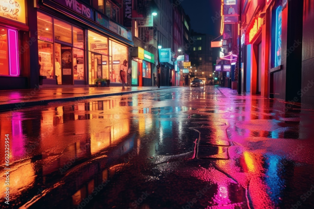 Vibrant Neon Lights on Wet City Street - AI Generated