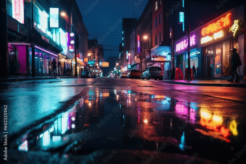 Vibrant Neon Lights on Wet City Street - AI Generated