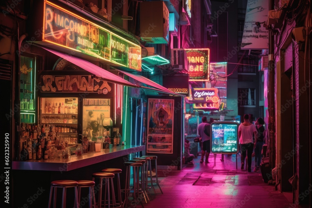Naklejka premium Neon Lit Bar in Bustling City - AI Generated
