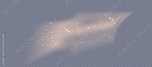 Magic sparkle cloud, golden magic stardust with sparks. Shiny mist for fairy tale illustrations, space dust with glowing flares isolated on dark background.