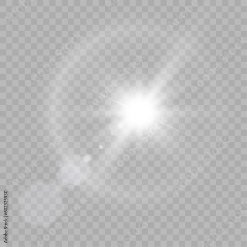 Vector transparent transparent sunlight special lens flare effect. sun glare on the front lens. Vector blur in bright light. Horizontal star beams and spotlight.
