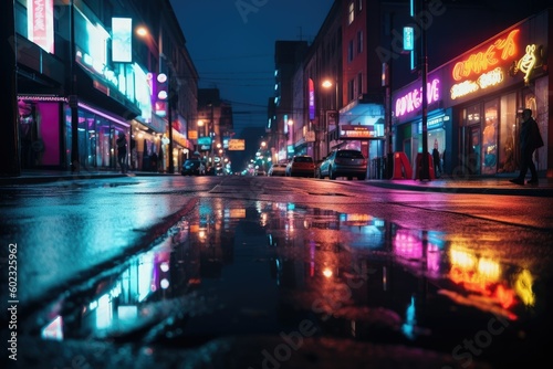 Vibrant Neon Lights on Wet City Street - AI Generated © dasom