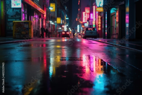 Vibrant Neon Lights on Wet City Street - AI Generated © dasom