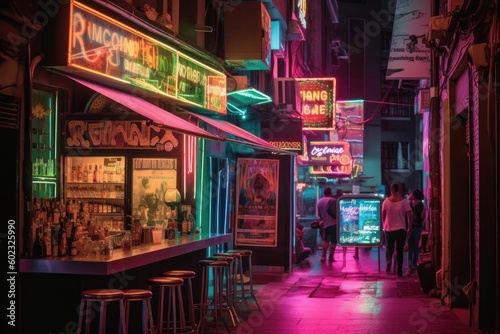 Neon Lit Bar in Bustling City - AI Generated