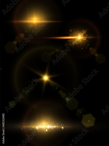 Vector transparent golden sunlight special lens flare light effect. sun glare on the front lens. Vector blur in bright light. Horizontal star beams and spotlight.