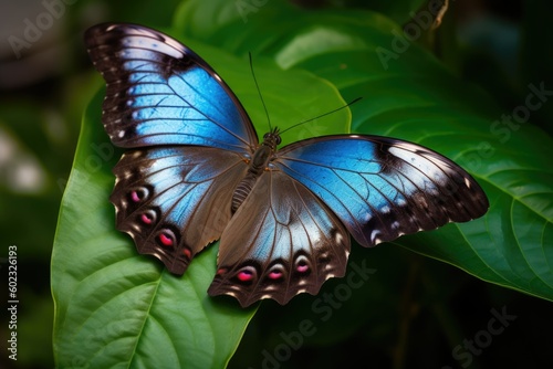 Blue Morpho Butterfly on Leaf - AI Generated