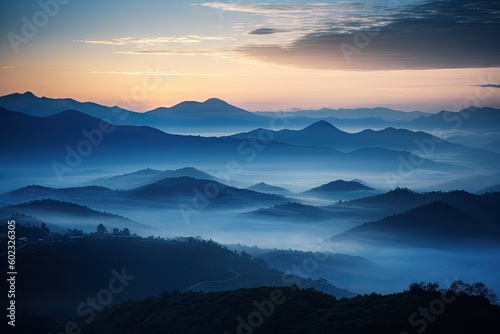 Blue Mist Over Mountain Range at Sunrise - AI Generated © dasom