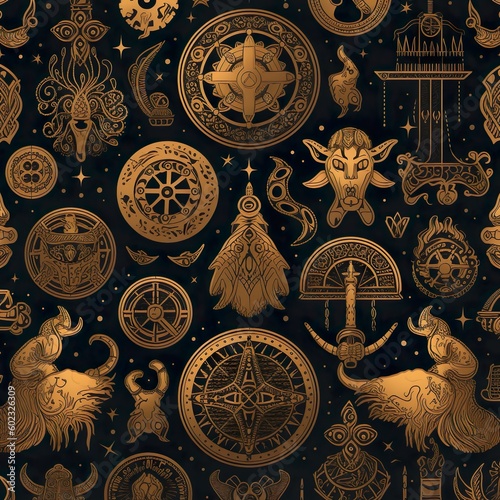A Black Background with Vikings symbols in gold photo