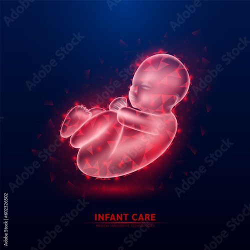 Child infant red translucent low poly triangles on dark blue background. Organ anatomy baby futuristic hologram innovative technology. Health care medical and science concept. Vector EPS10.