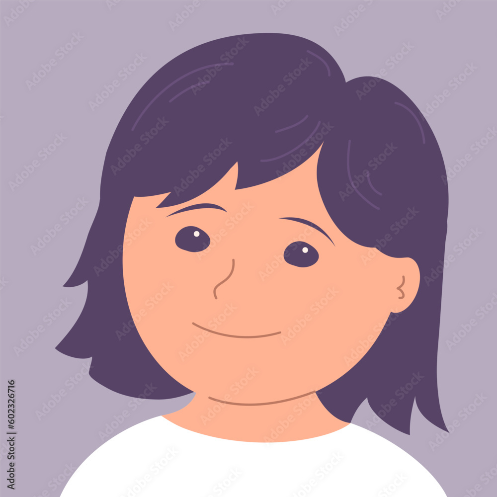 Cartoon portrait of a little happy girl. A smile on his face. Joyful child. Happy childhood. Flat vector illustration Cartoon portrait of a little happy girl. A smile on his face. Joyful child. Happy childhood. Flat vector illustration