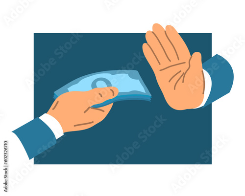 The man offers money. Rejection of corruption in business. No bribe, stop. hand gesture. Illegal and dishonest business conduct. Flat vector illustration