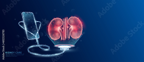 Online medical. Doctor patient consultation. Smartphone and stethoscope checks health human kidney red translucent low poly triangles and copy space for text. Healthcare digital concept. Vector EPS10.