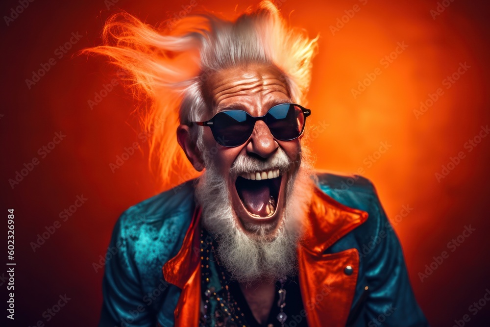 Laughing old man with blowing white hair and beard wearing sunglasses in front of an orange background (Generative AI, Generativ, KI)