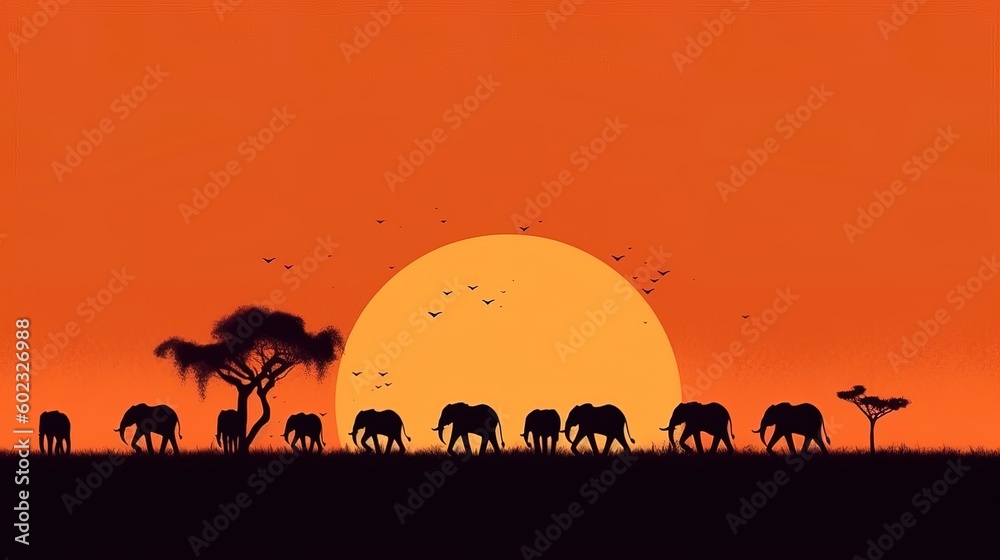 Naklejka premium Group of elephants in savanna at sunset, simple minimal tech illustration.