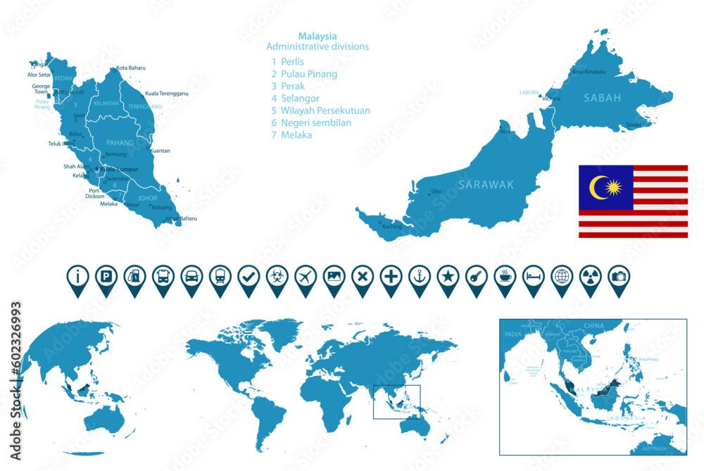 Malaysia - detailed blue country map with cities, regions, location on world map and globe. Infographic icons.
